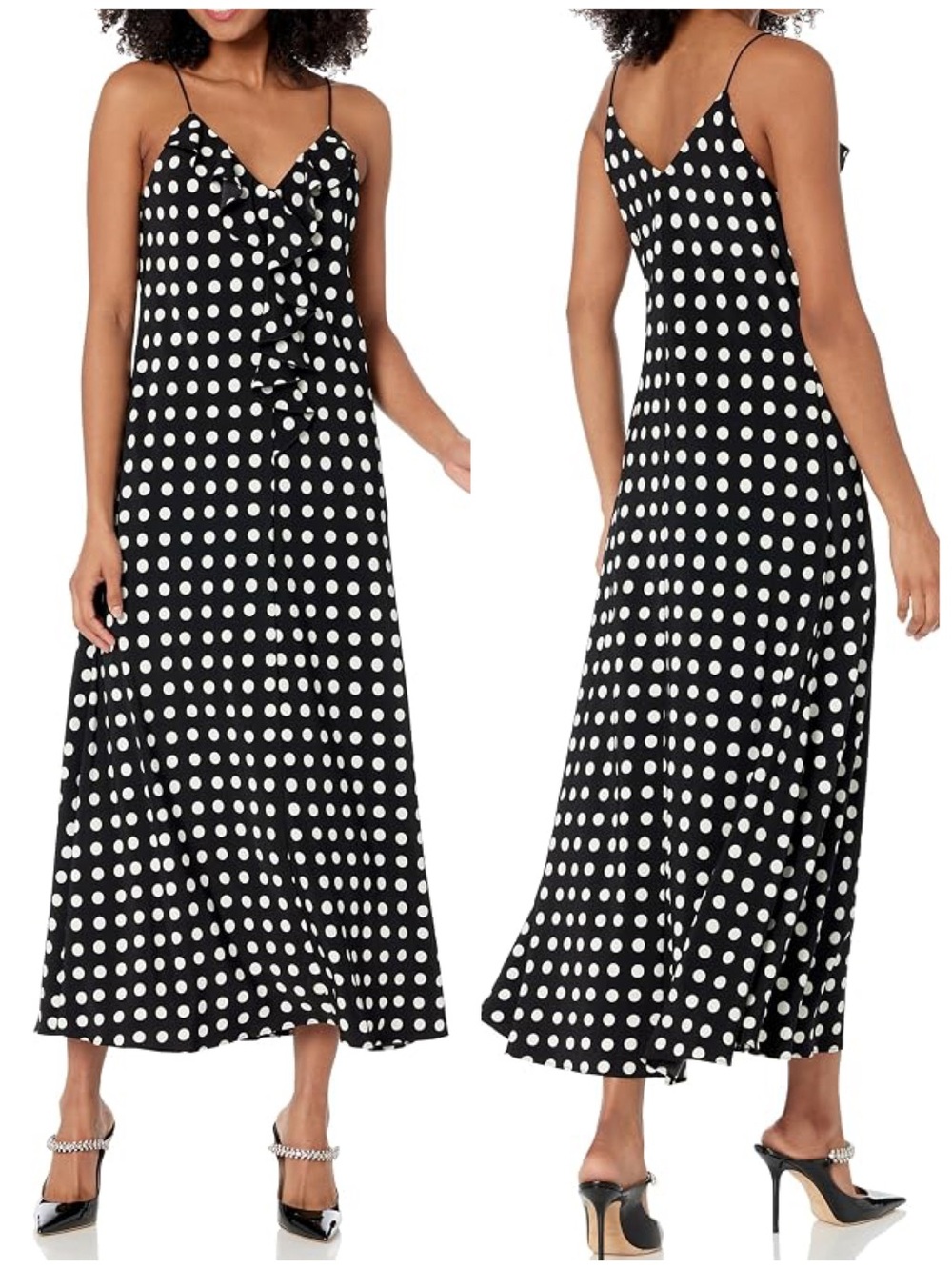 KARL LAGERFELD 8 Black + White Polka Dot Print Ruffle Midi Dress • Sleeveless